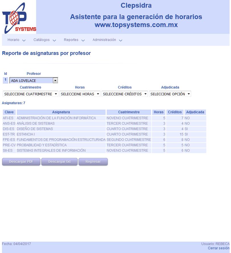 Asignaturas por profesor
